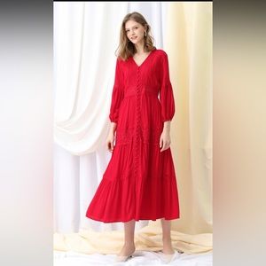 ChicWish BUTTON DOWN CROCHET EMBROIDERED BOHO MAXI DRESS IN RED